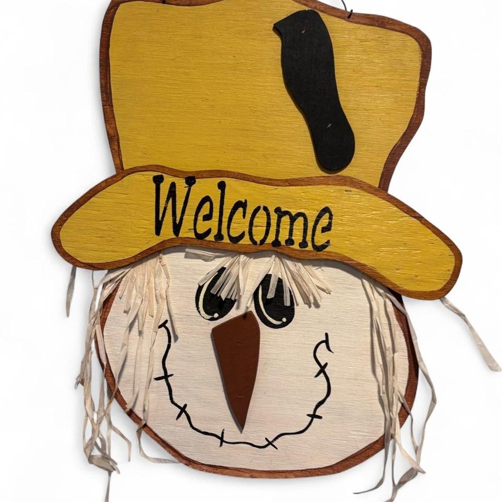 Vintage Hand-Painted Wooden Scarecrow Welcome Sign Fall Decor